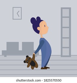 An illustration of a baby girl holding a teddy bear in the middle of the room. Little girl in blue pajamas.