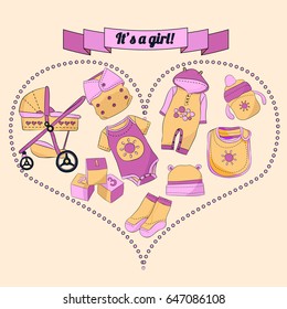 Illustration of baby girl items in heart shaped frame