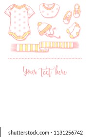 Illustration of baby girl items for a postcard. Baby items for logo: babygro, bib, bootee, hat, socks, scarf. Infant clothing and toys template for a banner, a flyer or an announcement of pregnancy.