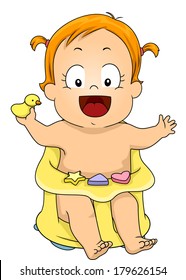 Illustration of a Baby Girl Sitting on a Bath Seat