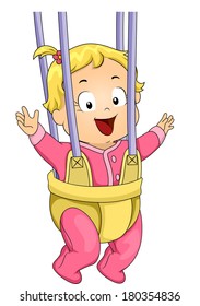 Illustration of a Baby Girl Strapped to a Door Bouncer/