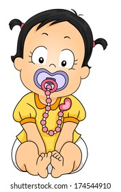 Illustration of a Baby Girl Sucking on a Pacifier Attached to a Clip