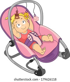 Illustration of a Baby Girl Trying to Reach the Toys Attached to Her Rocker