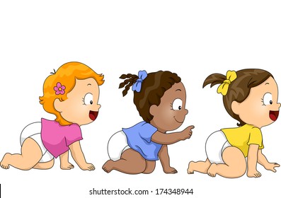 Illustration of Baby Girls Crawling Towards the Right Side of the Screen