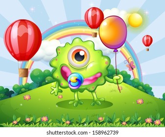 Illustration of a baby green monster at the hilltop with a rainbow