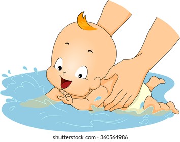 Illustration of a Baby Having Her First Swimming Lesson