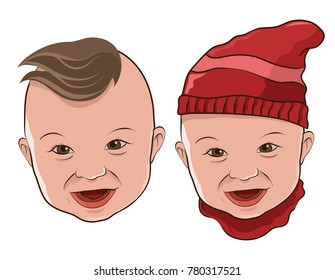 Illustration Of Baby Head With Hair and with Red Hats Smile and cute