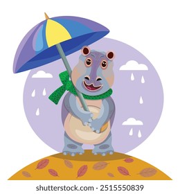 Ilustração de bebê hipopótamo sob o guarda-chuva com um lenço verde no pescoço, personagem de desenho animado hipopótamo