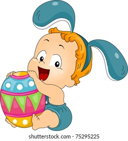 Ilustración de un bebé abrazando un huevo de Pascua