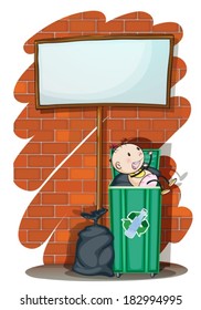 Illustration of a baby inside the trashcan below an empty signboard on a white background