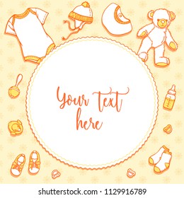 Illustration of baby items for a postcard. Baby items for logo: stroller, babygro, bib, bootee, hat. Infant clothing and toys for a banner, a flyer or an announcement of pregnancy.