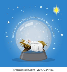 An illustration of Baby Jesus in a snow globe vector stock