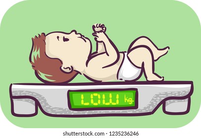 Illustration of a Baby Kid Boy on Weighing Scale with Low Text on Screen, Low Weight Gain