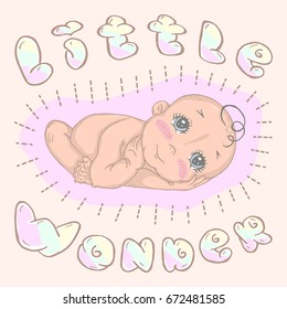 Illustration with baby and lettering " Little Wonder". Can be used for pregnant woman t-shirt print, fashion print design, pregnant women wear, baby shower celebration greeting and invitation card.