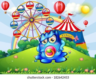 Illustration of a baby monster at the hilltop with a carnival