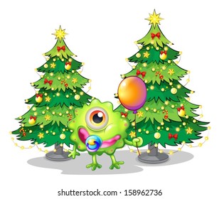 Illustration of a baby monster holding a balloon while standing in front of the christmas trees on a white background