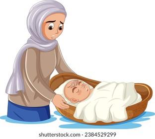 Illustration of baby Moses floating along the Nile River