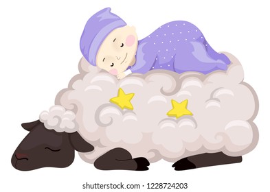 Illustration of a Baby in Onesies Sleeping on Top of a Sheep Wool with Stars