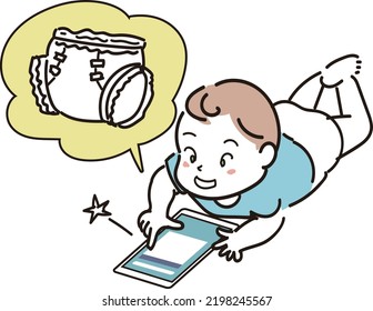 It is an illustration of a baby ordering a diaper using a smartphone.