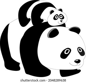 Illustration of a baby Panda bear riding on mother Panda’s back. A black and white graphic artwork.
