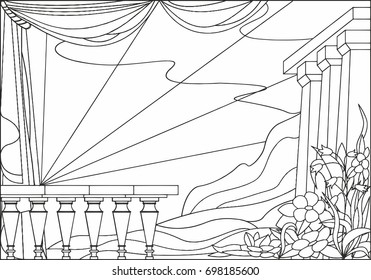 illustration, baby pictures for coloring - landscape with flowers and columns against the sky,  mountains