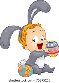 Illustration of a Baby Playing with Easter Eggs