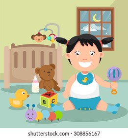illustration of a baby playing in a room
