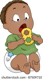 Illustration of a Baby Putting a Teether into His Mouth