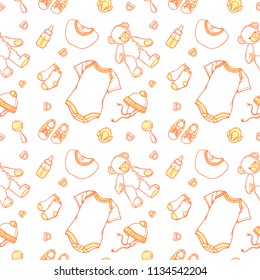 Illustration Of Baby Related Things In Pattern. Baby Items Pattern For Website: Babygro, Bib, Bootee, Socks, Scarf, Teddybear. Infant Clothing Pattern For A Banner, A Flyer Or A Businesscard.