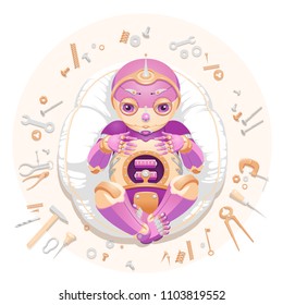 Illustration of a baby robot lying on a pillow surrounded by tools and text “We made a baby”. Baby robot for a postcard. Baby robot for an announcement of a pregnancy. Newborn robot for a mascot.