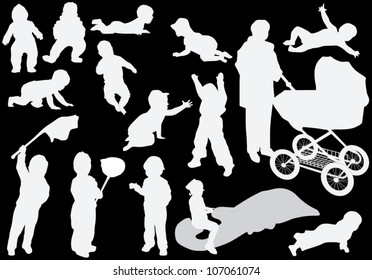 illustration with baby silhouettes collection isolated on black background