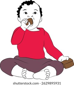 Illustration of a baby sitting and bringing an object to their mouth, demonstrating early developmental behavior.