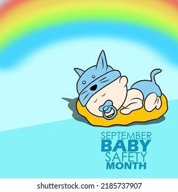 Illustration of a baby sleeping comfortably and a rainbow with bold text on a light blue background, Baby Safety Month September