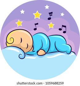 Illustration of a Baby Sleeping Wearing Onesies and Surrounded by Stars and Music Notes