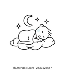 Illustration of baby sleeping well and comfy like cottony cloud. Full of stars and crescent moon at night.