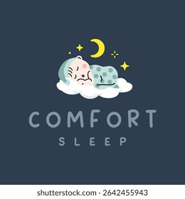 Illustration of baby sleeping well and comfy like cottony cloud. Full of stars and crescent moon at night. Logo design