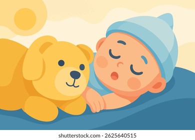 Illustration of a baby sleeping with a yellow teddy bear, wearing a blue hat and resting on a blue blanket, expressing warmth, security, and gentle childhood comfort.