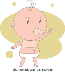 Illustration of a baby standing with two feet and showing the v of victory by hand.