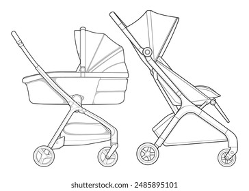 Illustration of baby stroller isolated on white background. Vector illustration of a sketch style.
