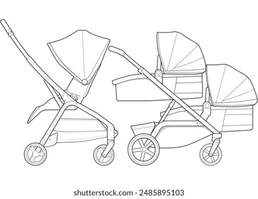 Illustration of baby stroller isolated on white background. Vector illustration of a sketch style.
