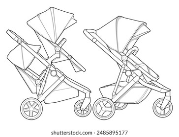 Illustration of baby stroller isolated on white background. Vector illustration of a sketch style.
