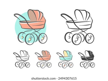 An illustration of a baby stroller. This logo can be used for brands related to baby products, childcare, and family-oriented businesses.






