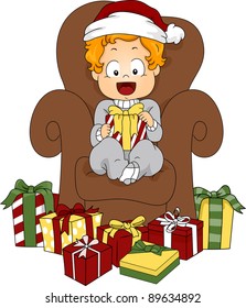 Illustration of a Baby Surrounded by Christmas Gifts