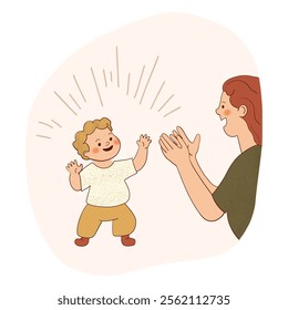 Illustration of a baby taking their first steps, encouraged by a smiling mother.