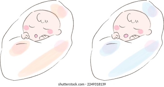 Illustration of baby twins wearing swaddles
