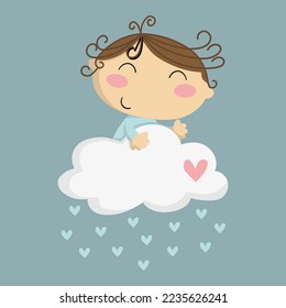Illustration of a baby waving and riding on a cloud that rains hearts