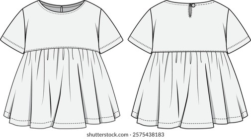 illustration of a baby wear skirts, toddler kids, infant baby, sleep full bodysuit, fashion flat sketch, vector illustration, cad, technical drawing, flat drawing, template, mockup.