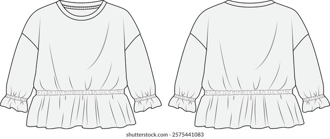 illustration of a baby wear sweatshirt, toddler kids, infant baby, sleep full bodysuit, fashion flat sketch, vector illustration, cad, technical drawing, flat drawing, template, mockup.