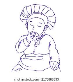 illustration of a baby wearing a chef costume, eating something like peppers
