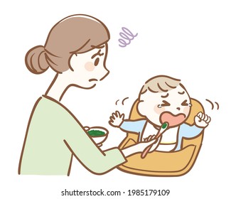 Illustration of a baby who dislikes baby food